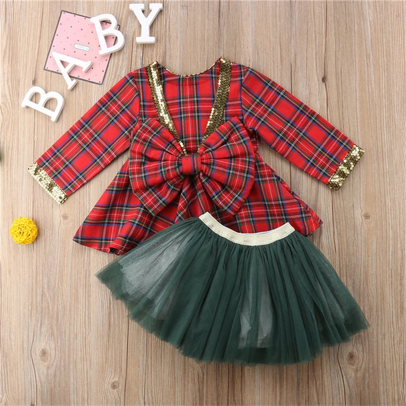 Red Plaid Bow Lace Tutu Dress for Little Princesses