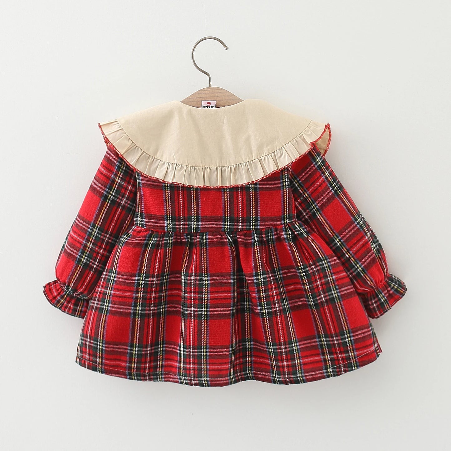 Girl Long Sleeved Dress with Plaid Polo Collar