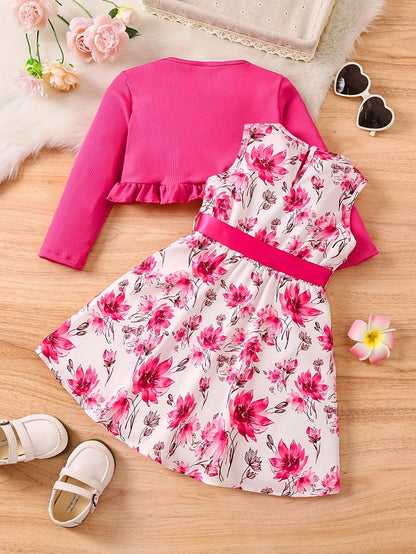 Pink Floral Dress & Ruffled Cardigan Set