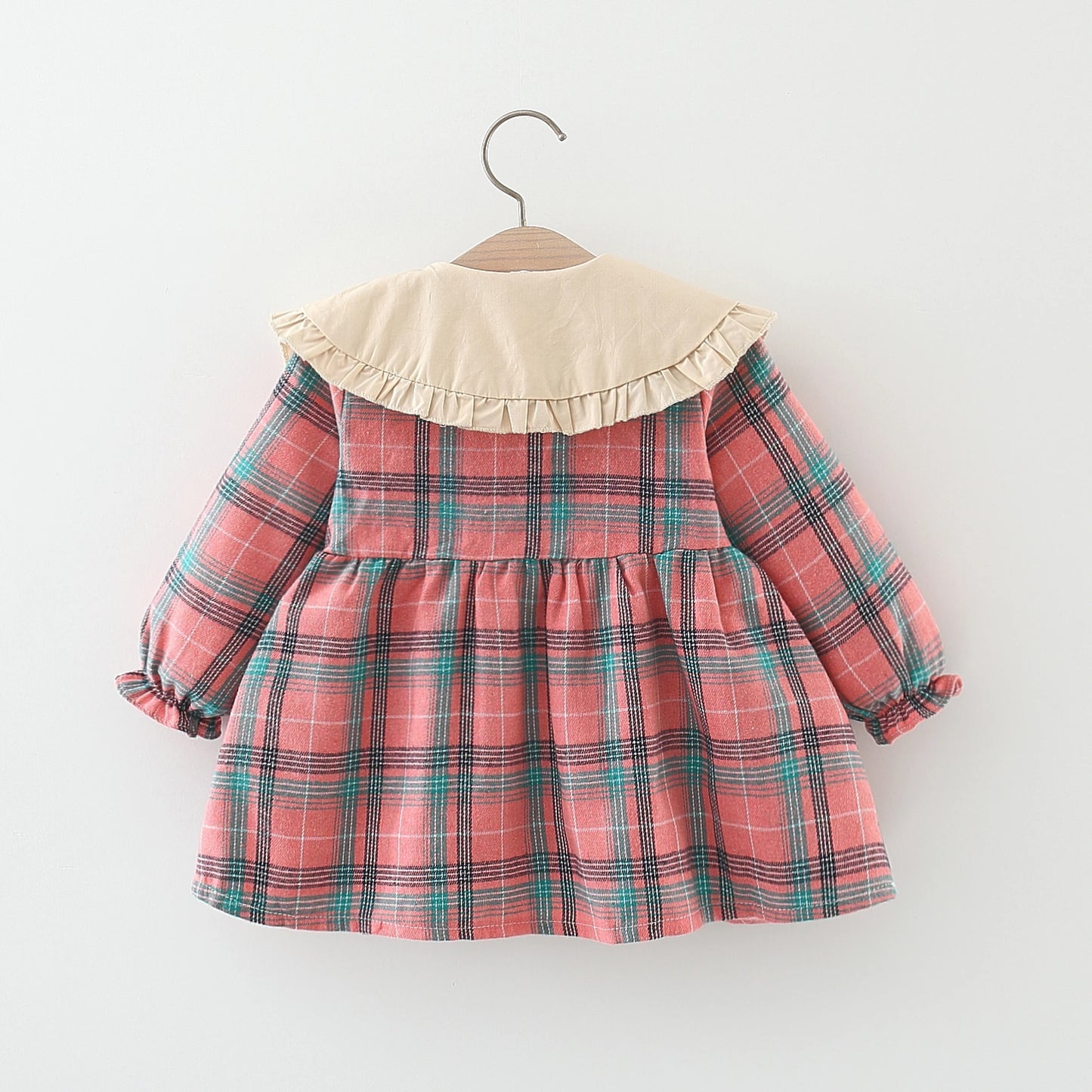 Girl Long Sleeved Dress with Plaid Polo Collar