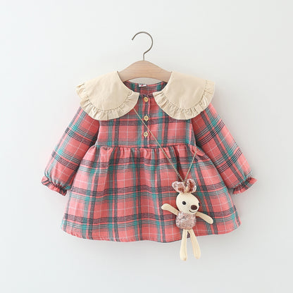 Girl Long Sleeved Dress with Plaid Polo Collar